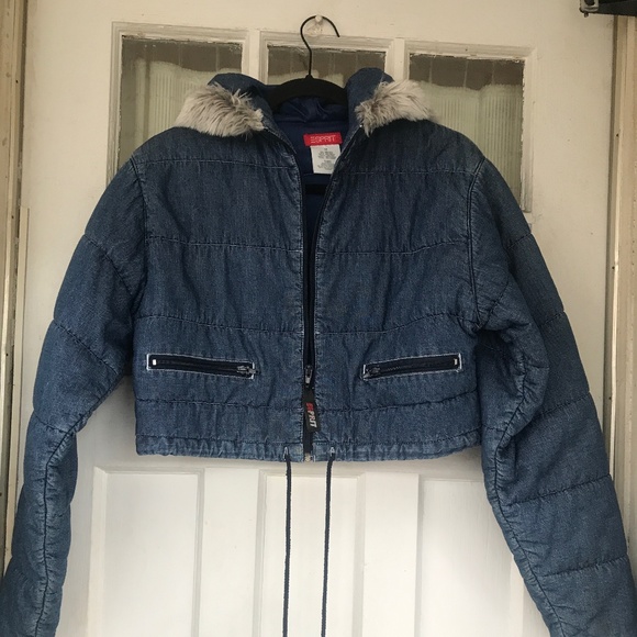 Esprit denim cropped Puffer Hood with Faux Fur - Picture 1 of 3